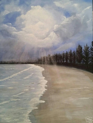Original painting of a pine tree lined beach with sunrays poking through the clouds
