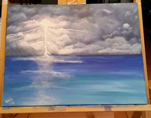 Load image into Gallery viewer, Original painting of lightning cracking over a calm ocean by Kerry Sandhu Art
