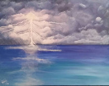 Load image into Gallery viewer, Original painting of lightning cracking over a calm ocean
