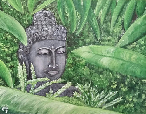 Original painting of a serene buddha head statue in a garden