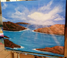 Load image into Gallery viewer, Original painting of sunrays filtering through clouds covering red rocks and blue and turquoise water by Kerry Sandhu Art
