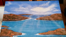 Load image into Gallery viewer, Original painting of sunrays filtering through clouds covering red rocks and blue and turquoise water by Kerry Sandhu Art

