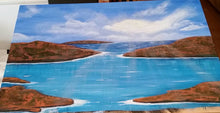 Load image into Gallery viewer, Original painting of sunrays filtering through clouds covering red rocks and blue and turquoise water by Kerry Sandhu Art
