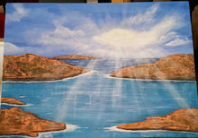 Load image into Gallery viewer, Original painting of sunrays filtering through clouds covering red rocks and blue and turquoise water by Kerry Sandhu Art
