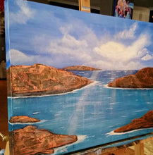 Load image into Gallery viewer, Original painting of sunrays filtering through clouds covering red rocks and blue and turquoise water by Kerry Sandhu Art
