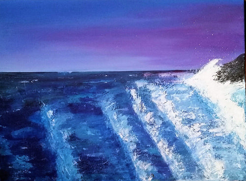 Original painting of crashing waves at sunset