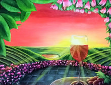 Load image into Gallery viewer, Original painting of sunset sunrays filtering through a glass of red wine on a patio table with gapes overlooking a flowerbed and a vineyard
