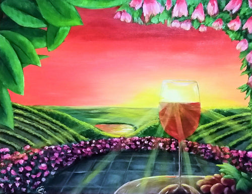 Original painting of sunrays filtering through a glass of red wine, patio table with grapes overlooking flowerbed & vineyard