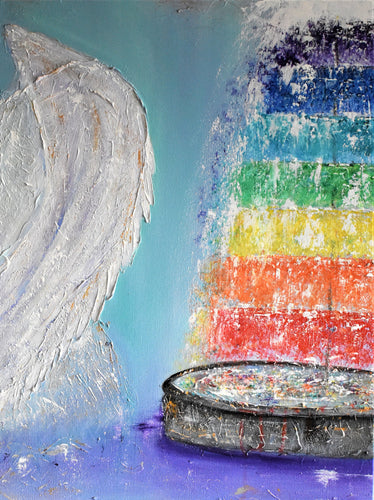 original artwork of white angel wings next to a chakra fountain