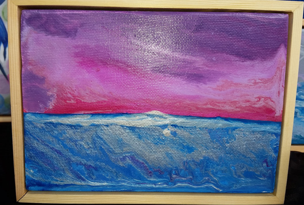 Original fluid artwork of a sunset over the ocean by Kerry Sandhu Art