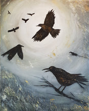 Load image into Gallery viewer, Original painting of a murder of crows flying and perched
