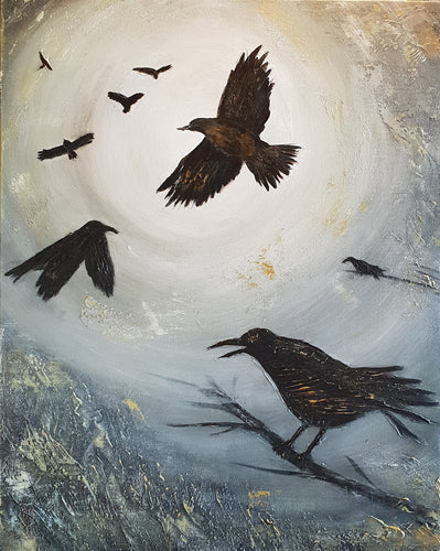 Original painting of a murder of crows flying and perched