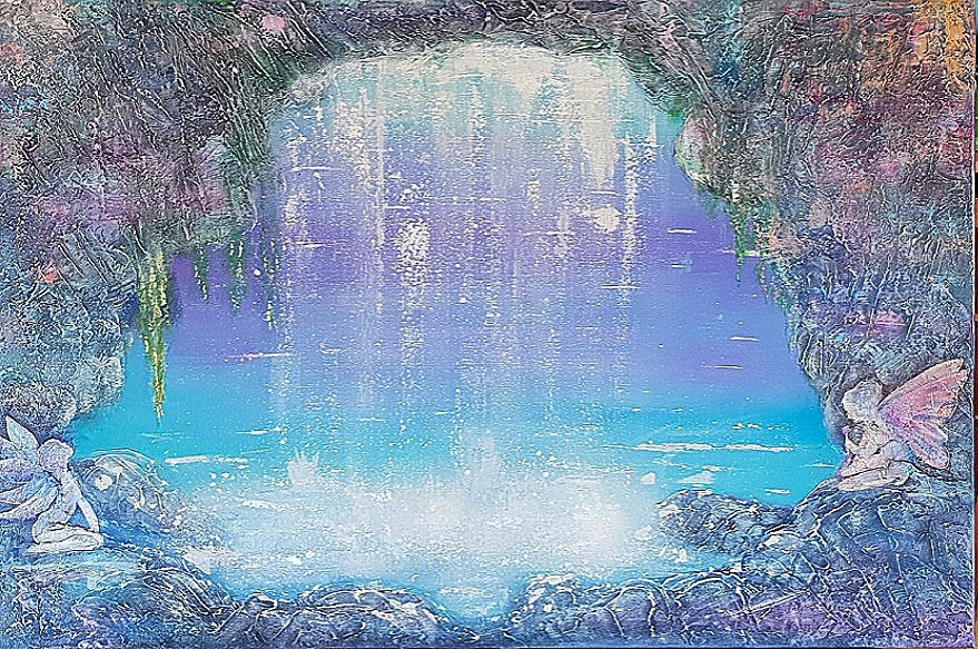 Original painting of a fairies behind a waterfall