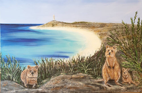 Original painting Quokkas overlooking Pinky's Beach & Bathurst Lighthouse, Rottnest Island, Western Australia by Kerry Sandhu Art