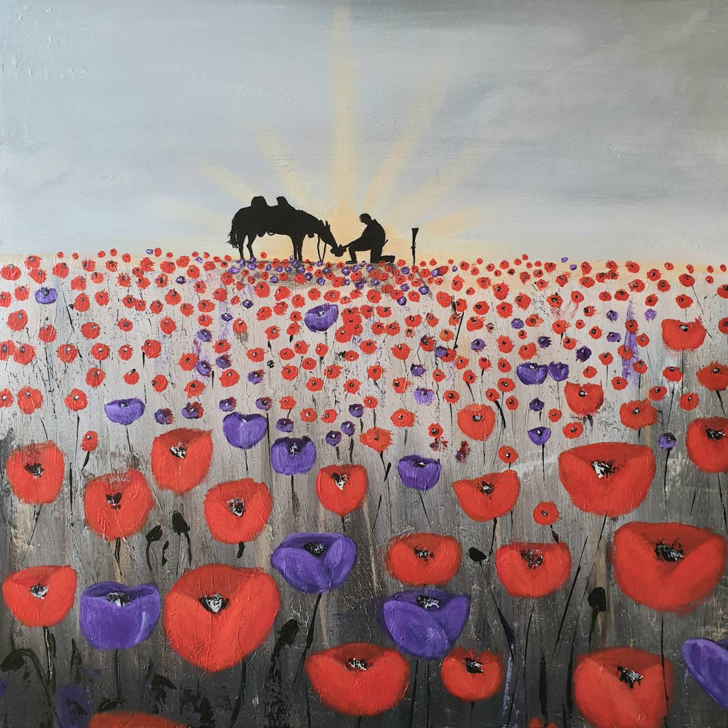 original artwork of a sunrise (in the form of the ANZAC Crest) with a silhouette of a soldier kneeling next to his horse drinking from his hat in a field of red and purple poppies
