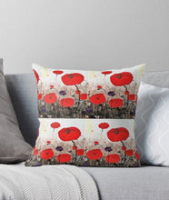 Load image into Gallery viewer, Original painting of red poppies with an abstract background on a 40 x 40cm cushion cover
