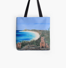 Load image into Gallery viewer, Original painting of quokkas overlooking Pinky&#39;s Beach and Bathurst Lighthouse on Rottnest Island, Western Australia on a 41 x 41cm tote bag
