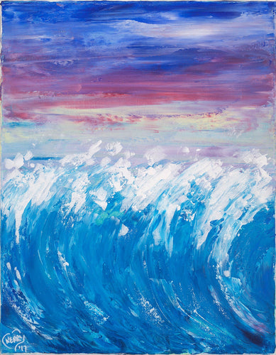 Impressionistic original painting of waves and a sunset