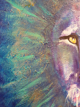Load image into Gallery viewer, Original painting of a bold coloured lion head close up by Kerry Sandhu Art
