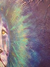 Load image into Gallery viewer, Original painting of a bold coloured lion head close up by Kerry Sandhu Art
