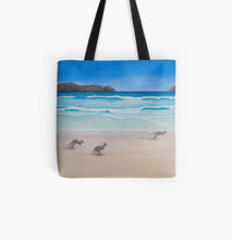 Load image into Gallery viewer, Original painiting of kangaroos on Lucky Bay Beach in Esperance, Western Australia on a 41 x 41cm tote bag
