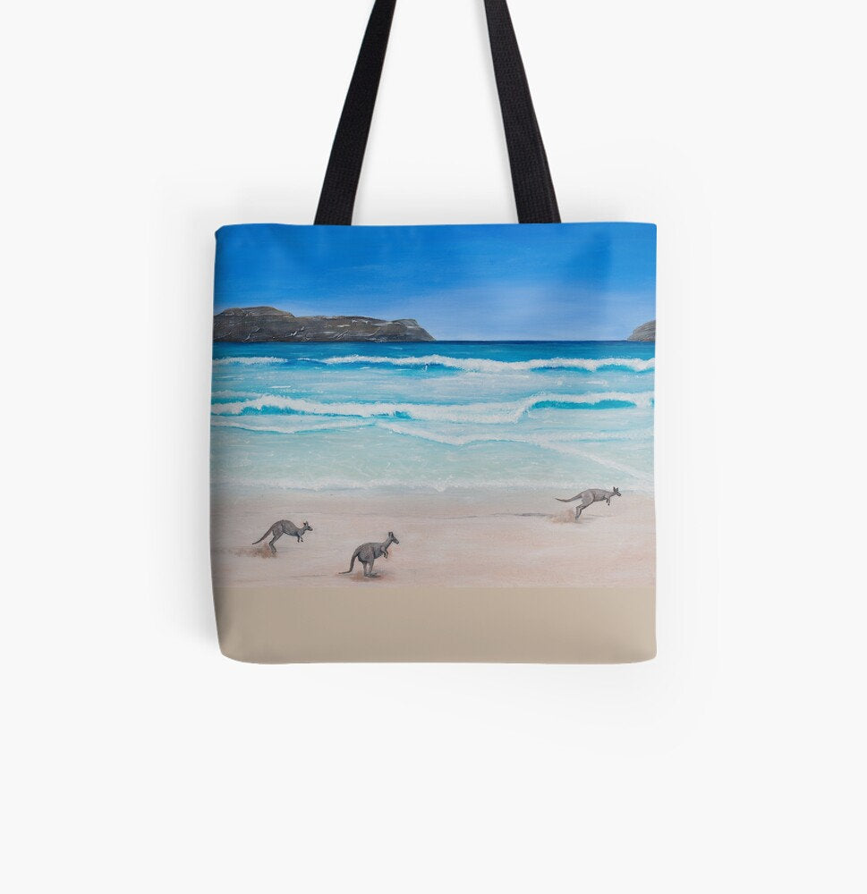 Original painiting of kangaroos on Lucky Bay Beach in Esperance, Western Australia on a 41 x 41cm tote bag