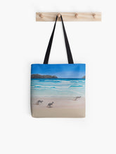 Load image into Gallery viewer,  Original painiting of kangaroos on Lucky Bay beach in Esperance, Western Australia on a 41 x 41cm tote bag
