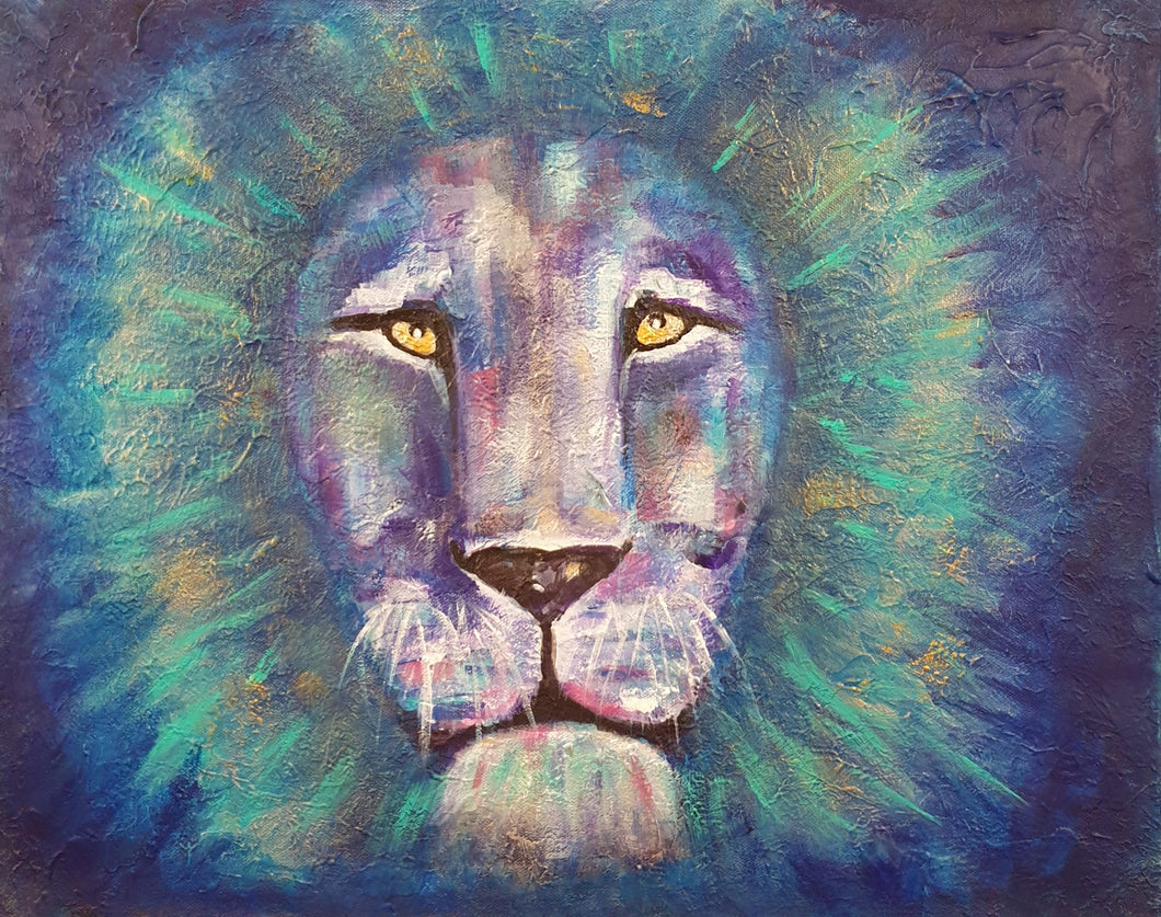 Original painting of a bold coloured lion head close up by Kerry Sandhu Art