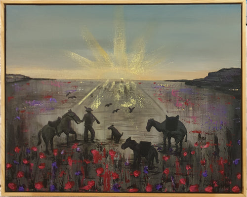 Original painting of a soldier, horse, camel, donkey, dog and birds walking towards an ANZAC Crest inspired sunrise through a field of poppies