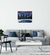 Load image into Gallery viewer, original artwork of the Northern Lights, Aurora Borealis/Aurora Australis with a starry sky, pine trees, snow and a lake

