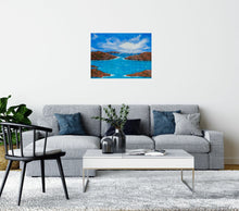 Load image into Gallery viewer, Original painting of sunrays filtering through clouds covering red rocks and blue and turquoise water by Kerry Sandhu Art
