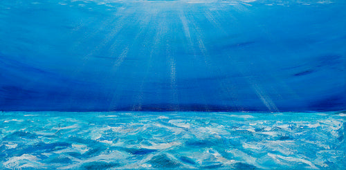 Original painting of sunrays filtering through the blue water and reflecting on the ocean floor