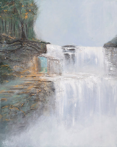 Original painting of a mystical waterfall with a hidden realm by Kerry Sandhu Art