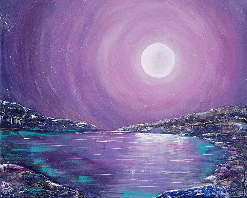 Original painting of a mystical full moon reflecting over water