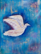 Load image into Gallery viewer, Original painting of a white bird with a blue abstract background by Kerry Sandhu Art

