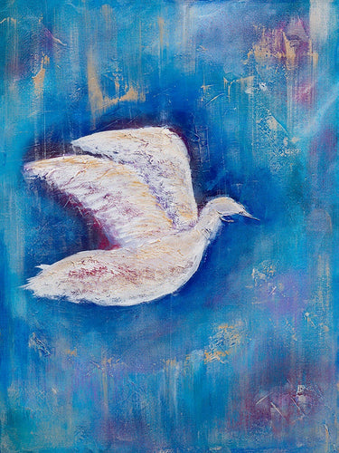 Original painting of a white bird with a blue abstract background by Kerry Sandhu Art