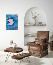 Load image into Gallery viewer, Original painting of a white bird with a blue abstract background by Kerry Sandhu Art
