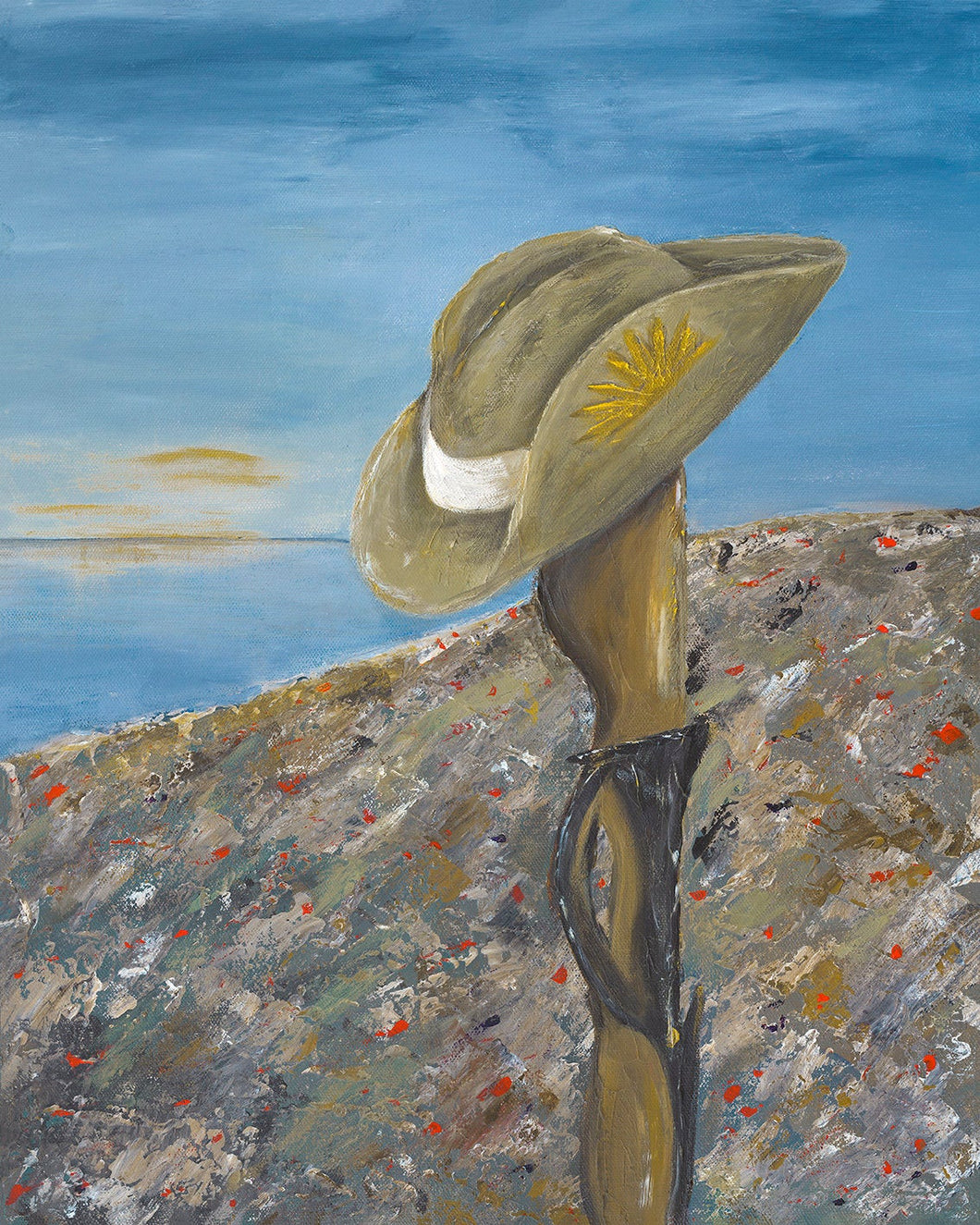 Original painting of a Digger's slouch hat resting on a gun with an ANZAC inspired Crest