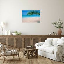 Load image into Gallery viewer, Original painting of a tranquil tropical beach with palm leaves by Kerry Sandhu Art
