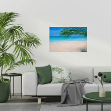Load image into Gallery viewer, Original painting of a tranquil tropical beach with palm leaves by Kerry Sandhu Art

