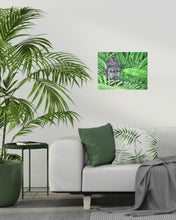 Load image into Gallery viewer, Original painting of a serene buddha head statue in a garden by Kerry Sandhu Art
