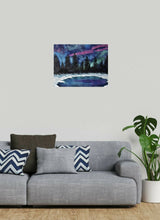 Load image into Gallery viewer, original artwork of the Northern Lights, Aurora Borealis/Aurora Australis with a starry sky, pine trees, snow and a lake
