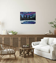 Load image into Gallery viewer, original artwork of the Northern Lights, Aurora Borealis/Aurora Australis with a starry sky, pine trees, snow and a lake
