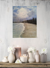 Load image into Gallery viewer, Original painting of a pine tree lined beach with sunrays poking through the clouds by Kerry Sandhu Art

