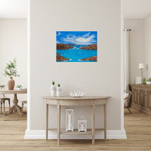 Load image into Gallery viewer, Original painting of sunrays filtering through clouds covering red rocks and blue and turquoise water by Kerry Sandhu Art
