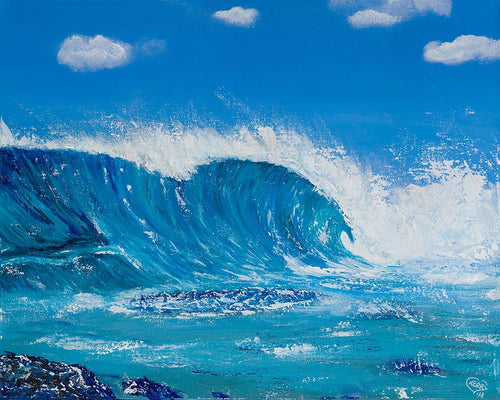 Original painting of a crashing wave over a reef by Kerry Sandhu Art
