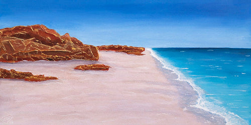 Original painting of Cape Leveque which is located at the northernmost tip of the Dampier Peninsula in the Kimberley (North West) region of Western Australia with red rocks right at the ocean shore