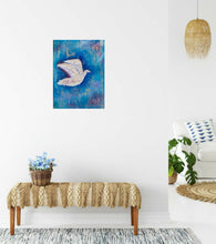 Load image into Gallery viewer, Original painting of a white bird with a blue abstract background by Kerry Sandhu Art
