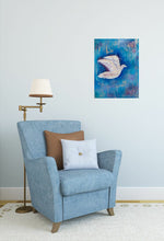 Load image into Gallery viewer, Original painting of a white bird with a blue abstract background by Kerry Sandhu Art
