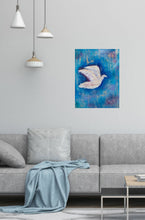 Load image into Gallery viewer, Original painting of a white bird with a blue abstract background by Kerry Sandhu Art
